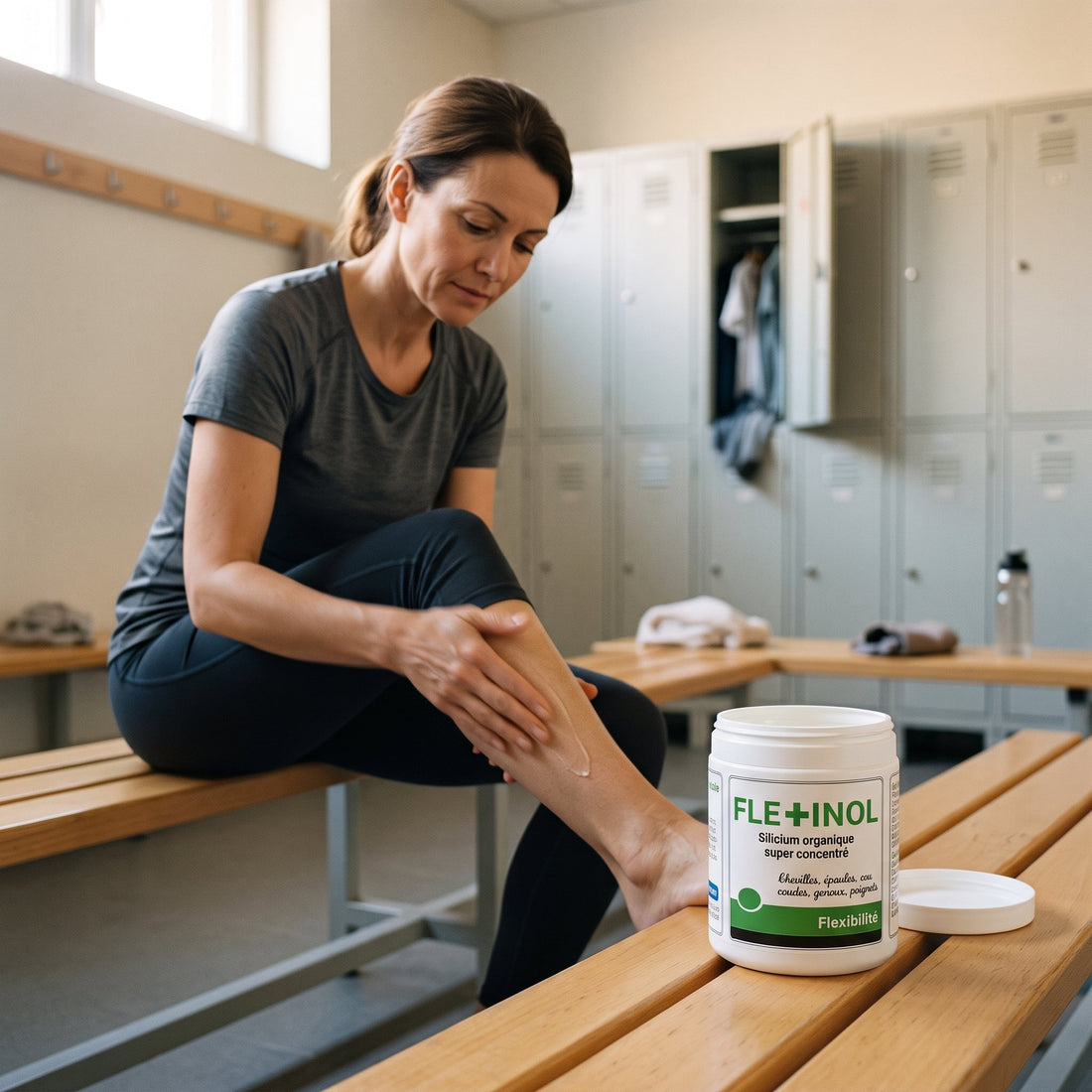A woman sitting in a changing room massages her calf with Flexinol Gel