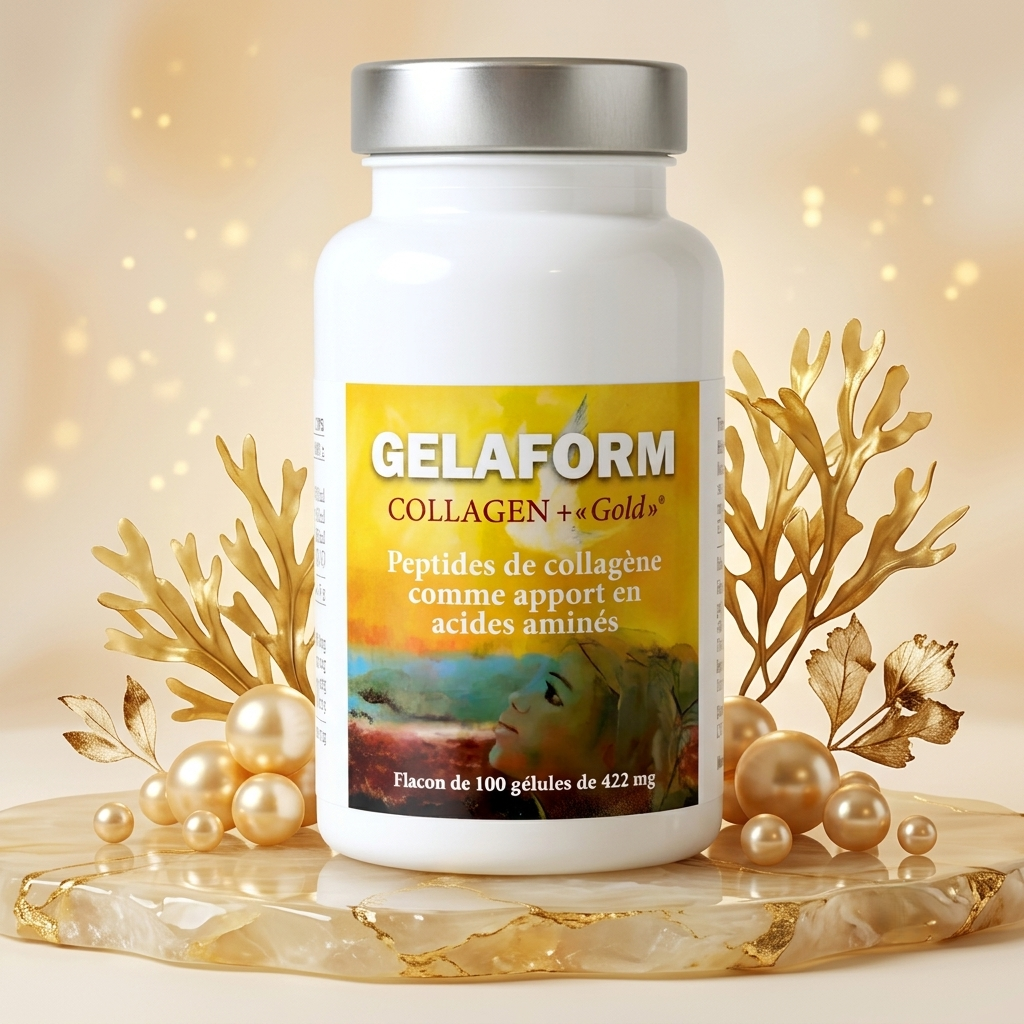 The bottle of GELAFORM Collagen+ “Gold” capsules among pearls and golden coral