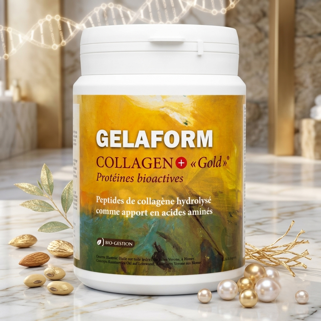 Il barattolo di GELAFORM Collagen+ «Gold» appoggiato su un piano di marmo chiaro