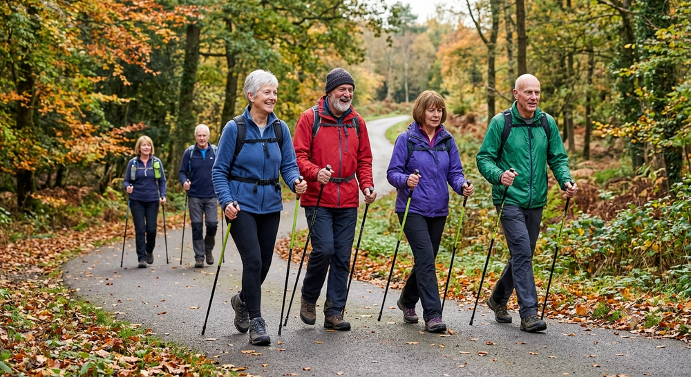 Eine Gruppe von Senioren wandert mit Stöcken auf einem herbstlichen Weg